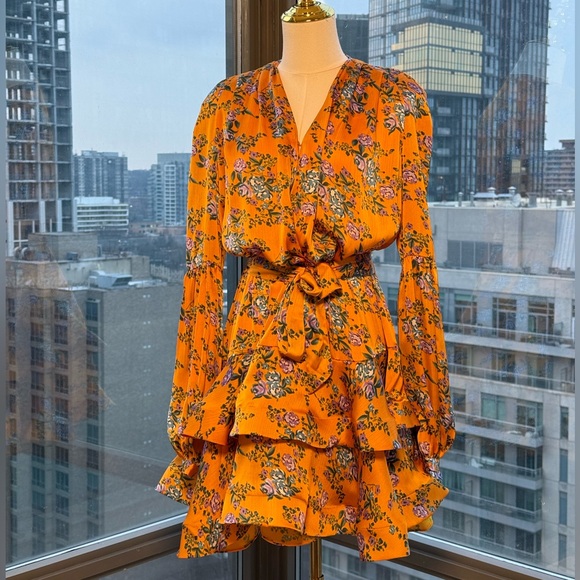 🆕 BRONX & BANCO 🧿NWOT Hanna Floral Tiered Ruffle Mini Dress, Marigold Sz S US4 - Picture 3 of 14